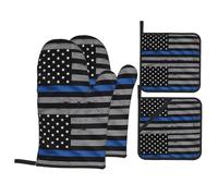 YYHWHJDE American Thin Blue Line Flag Oven Mitts and Pot Holders, Waterproof Polyester, Black, 21 x 21 cm, 4 Piece Set