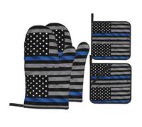 YYHWHJDE American Thin Blue Line Flag Oven Mitts and Pot Holders, Waterproof Polyester, Black, 21 x 21 cm, 4 Piece Set