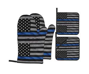 YYHWHJDE American Thin Blue Line Flag Oven Mitts and Pot Holders, Waterproof Polyester, Black, 21 x 21 cm, 4 Piece Set