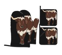 YYHWHJDE Animal Cow Print Oven Mitts and Pot Holders Set, Waterproof Polyester, Black, 21x21 cm, 4 Piece