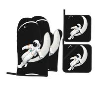 YYHWHJDE Astronaut On The Crescent Moon Prints Heavy-Duty Oven Layers: 4-Piece Waterproof, Heat Resistant Kitchen Protection Set for Safe Handling & Long-Lasting Durability