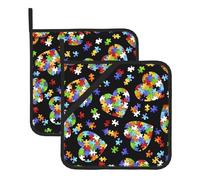 YYHWHJDE Autism Awareness Puzzle Pieces Heart Prints Square Hot Pads for Kitchen Counters - Waterproof Pot Covers with Hanging Loop for Serving & BBQ, Set of 2 (One with Pocket)