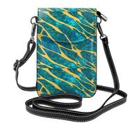 YYHWHJDE Azurite Teal And Foil Gold Oil Marble Pattern Prints Small Leather Women'S Crossbody Flip Phone Bag, Waterproof And Durable