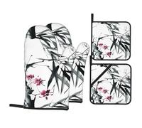 YYHWHJDE Bamboo Cherry Blossom Oven Mitts and Pot Holders Set, Black, Waterproof Polyester, 21x21 cm, 4 Piece
