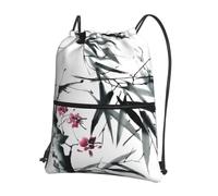 YYHWHJDE Bamboo Cherry Blossom Prints Drawstring Backpack - Lightweight Waterproof Gym Bag with Zipper Pocket - Ideal for Travel, Yoga & Sports