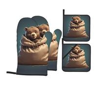 YYHWHJDE Bear in The Sack Prints Heavy-Duty Oven Layers: 4-Piece Waterproof, Heat Resistant Kitchen Protection Set for Safe Handling & Long-Lasting Durability