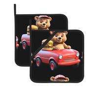 YYHWHJDE Bear selling burgers Pattern Square Insulation Pot Mat 2 Pieces Thick and durable with lanyard for Microwave Ovens, Ovens, Outdoor Grilling