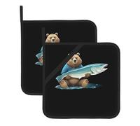 YYHWHJDE Bear who caught a big fish Pattern Square Insulation Pot Mat 2 Pieces Thick and durable with lanyard for Microwave Ovens, Ovens, Outdoor Grilling