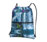 YYHWHJDE Beautiful Blue Waterfall in Hawaii Prints Drawstring Backpack Waterproof Gym Bag - Lightweight Foldable Sport Cover with Zipper Pocket for Travel Hiking