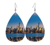 YYHWHJDE beautiful city sky line Prints Teardrop Leather Earrings - Lightweight Dangle Earrings for Women, Vivid Faux Leather Drops with Silver Plated Hooks, Chic Jewelry for Parties & Gifts