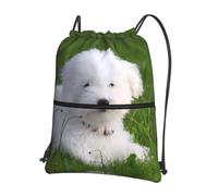 YYHWHJDE Bichon on the grass Prints Drawstring Backpack - Lightweight Water-Resistant Sport Gym Bag with Zipper Pocket for Travel & Hiking