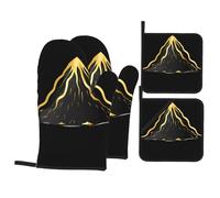YYHWHJDE Black and Gold Volcano Prints Kitchen Baking 4-Piece Set - Insulated Oven Mitt and Pot Holders Anti-scalding and Heat Insulation