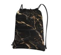 YYHWHJDE Black Gold Marble Prints Drawstring Backpack - Lightweight Waterproof Gym Bag with Zipper Pocket - Ideal for Travel, Yoga & Sports
