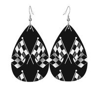 YYHWHJDE Black White Formula Checkered Flags Pattern Prints Teardrop Leather Earrings - Vibrant Dangle Layers for Women, Lightweight Fashion Jewelry for Parties & Everyday Wear