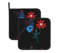 YYHWHJDE Blue butterfly on small red flower Pattern Square Insulation Pot Mat 2 Pieces Thick and durable with lanyard for Microwave Ovens, Ovens, Outdoor Grilling