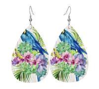 YYHWHJDE Blue Parrot in Flowers Prints Water Drop Leather Earrings - Stylish Dangle Throw for Parties, Vibrant Color Layering, Non-Fading Finish