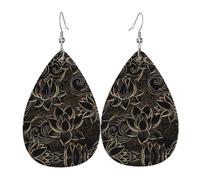YYHWHJDE Boho Gold Lotus Flowers Prints Teardrop Leather Earrings - Fashionable Dangle Earrings for Women, Lightweight Faux Leather Drops with 925 Silver Plated Hooks