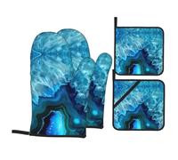 YYHWHJDE Bright Aqua Blue Agate Print Oven Mitts and Pot Holders Set, Waterproof Polyester, Heat-Resistant, 4 Piece
