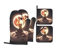 YYHWHJDE Brown Bear Watching The Moon Printed Kitchen Baking Set of 4 Thick Insulated Oven Mitt & Pot Holders, Anti-Scalding for Microwave, Oven, Outdoor BBQ