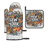 YYHWHJDE Cartoon Cute New York American Theme Art Prints Kitchen Baking Set | Durable Oven Mitts for BBQ Grilling & Microwave Use Cartoon Cute New York American Theme Art Pattern