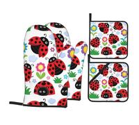 YYHWHJDE Cartoon Ladybug Flower Oven Mitts and Pot Holders Set, Black, Waterproof Polyester, 21x21 cm, 4 Piece