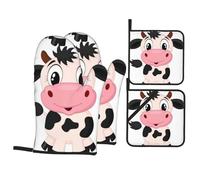YYHWHJDE Cartoon Milk Cow Oven Mitts and Pot Holders Set, Black, Waterproof Polyester, 21x21 cm, 4 Piece