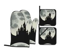 YYHWHJDE Castle Before The Moon Pattern Kitchen Baking 4-Piece Set - Insulated Oven Mitt and Pot Holders Anti-scalding and Heat Insulation