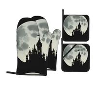 YYHWHJDE Castle Before The Moon Printed Kitchen Baking Set of 4 Thick Insulated Oven Mitt & Pot Holders, Anti-Scalding for Microwave, Oven, Outdoor BBQ