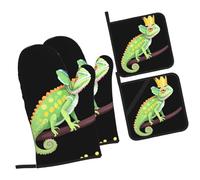 YYHWHJDE Chameleon wearing a crown Pattern Kitchen baking four-piece set Includes 2 Insulated Gloves and 2 Pot Lid Pads with Pockets anti-scalding and heat-insulating