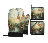 YYHWHJDE Chasing butterflies in summer Prints Kitchen baking set, oven gloves, thickened and insulated four piece suit