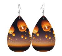 YYHWHJDE Chinese Flying Lanterns Prints Teardrop Leather Earrings - Fashionable Dangle Earrings for Women, Lightweight Faux Leather Drops with 925 Silver Plated Hooks