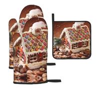 YYHWHJDE Christmas Village House Prints Kitchen Baking Set | Throw Gloves & Pot Cover - Durable Oven Mitts for BBQ Grilling & Microwave Use Christmas Village House Pattern