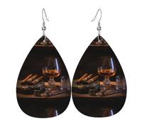 YYHWHJDE cigar and whiskey Prints Teardrop Leather Earrings - Lightweight Dangle Earrings for Women, Vivid Faux Leather Drops with Silver Plated Hooks, Chic Jewelry for Parties & Gifts