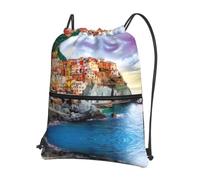 YYHWHJDE Cinque Terre scenery Prints Drawstring Backpack Waterproof Gym Bag - Lightweight Foldable Sport Cover with Zipper Pocket for Travel Hiking