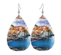 YYHWHJDE Cinque Terre scenery Prints Teardrop Leather Earrings - Fashionable Dangle Earrings for Women, Lightweight Faux Leather Drops with 925 Silver Plated Hooks