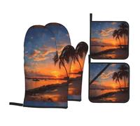 YYHWHJDE Coconut groves on the beach Pattern Kitchen baking four-piece set Includes 2 Insulated Gloves and 2 Pot Lid Pads with Pockets anti-scalding and heat-insulating