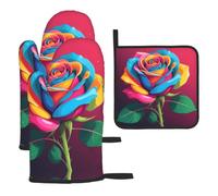 YYHWHJDE Colorful Rose Prints Kitchen Baking Set | Throw Gloves & Pot Cover - Durable Oven Mitts for BBQ Grilling & Microwave Use Colorful Rose Pattern