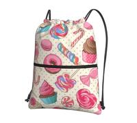 YYHWHJDE Colorful Sweet Lollipop Cupcake Donut Prints Drawstring Backpack - Lightweight Water-Resistant Gym Bag with Zipper Pocket for Travel & Sports