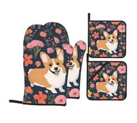 YYHWHJDE Corgi Floral Flowers Pattern Kitchen Baking 4-Piece Set - Insulated Oven Mitt and Pot Holders Anti-scalding and Heat Insulation