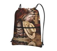 YYHWHJDE Cowboy Black Hat Western Boots Prints Drawstring Zipper Backpack - Lightweight Foldable Gym Bag for Travel Workout Yoga