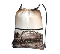 YYHWHJDE Cross And Crown Of Thorns Prints Drawstring Backpack - Lightweight Waterproof Gym Bag with Zipper Pocket - Ideal for Travel, Yoga & Sports