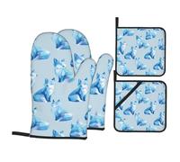 YYHWHJDE Crystal Clear Ice Fox Print Oven Mitts and Pot Holders Set, Waterproof Polyester, Blue, 4 Piece