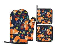 YYHWHJDE Cute Animal Fox Flower Oven Mitts and Pot Holders Set, Waterproof Polyester, Black, 21x21 Centimeters, 4 Piece
