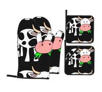 YYHWHJDE Cute Cow Print Oven Mitts and Pot Holders Set, Black, Waterproof Polyester, 21 x 21 cm, 4 Piece