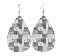 YYHWHJDE Cute Funny Grey Cats Pattern Prints Teardrop Leather Earrings - Lightweight Dangle Earrings for Women, Vivid Faux Leather Drops with Silver Plated Hooks, Chic Jewelry for Parties & Gifts