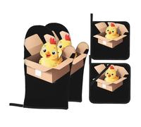 YYHWHJDE Cute Little Chicken in a Cardboard box1 Prints Kitchen Baking 4-Piece Set - Insulated Oven Mitt and Pot Holders Anti-scalding and Heat Insulation