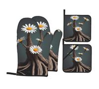 YYHWHJDE Daisy On Dead Tree Prints Heavy-Duty Oven Layers: 4-Piece Waterproof, Heat Resistant Kitchen Protection Set for Safe Handling & Long-Lasting Durability