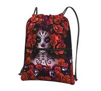 YYHWHJDE Day Of The Dead Sugar Roses Skull Prints Drawstring Backpack Waterproof Gym Bag - Lightweight Foldable Sport Cover with Zipper Pocket for Travel Hiking