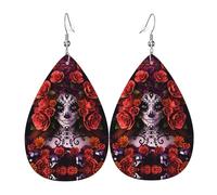 YYHWHJDE Day Of The Dead Sugar Roses Skull Prints Drip Leather Earrings - Chic Faux Leather Drops for Holiday & Everyday Glam