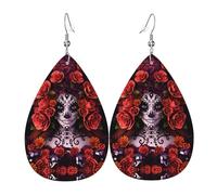 YYHWHJDE Day Of The Dead Sugar Roses Skull Prints Teardrop Leather Earrings - Lightweight Dangle Earrings for Women, Vivid Faux Leather Drops with Silver Plated Hooks, Chic Jewelry for Parties & Gifts